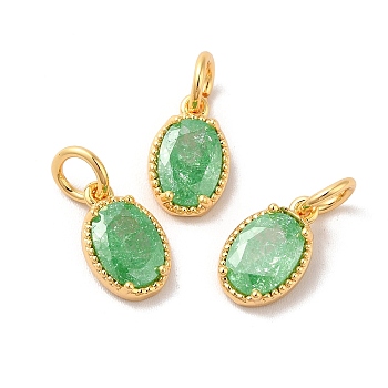 Real 18K Gold Plated Brass Micro Pave Cubic Zirconia Pendants, with Jump Rings, Oval, Light Green, 10x6.5x2.5mm, Hole: 3mm
