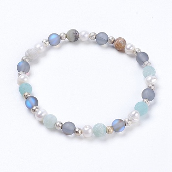 Stretch Bracelets, with Natural Flower Amazonite and Synthetic Moonstone Beads, Grade A Pearl Beads and Brass Textured Beads, 2-1/4 inch(5.6~5.8cm)