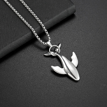 Alloy Whale Pendant Necklaces, 201 Stainless Steel Box Chain Necklaces, Stainless Steel Color, 23.58 inch(59.9cm)