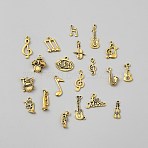 20Pcs Tibetan Style Alloy Pendants, Musical Instruments, Antique Golden, 15~30x7~19.5x1.5~7mm, Hole: 1.4~1.8mm(FIND-WH0148-803AG)