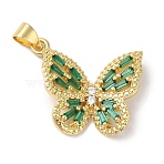 Rack Plating Brass & Cubic Zirconia Pendants, Cadmium Free & Lead Free, Long-Lasting Plated, Real 18K Gold Plated, Butterfly, Green, 20x22x3mm, Hole: 5x4mm(KK-L216-014G-02)