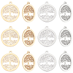 16Pcs 2 Colors 304 Stainless Steel Pendants, Manual Polishing, Flat Round with Tree of Life, Golden & Stainless Steel Color, 28.5x25.5x1.2mm, Hole: 2mm, 6pcs/color(STAS-UN0023-39)