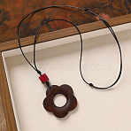 Wood Pendant Black Wax Cord Long Necklaces for Women, Flower, 31.50 inch(80cm), pendant: 75x50mm(FS-WG36920-01)