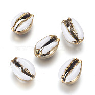 Electroplated Cowrie Shell Beads, with Enamel, Undrilled/No Hole Beads, Golden, White, 18~22x13~15x7~8mm(BSHE-G019-01G-B)