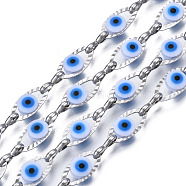 304 Stainless Steel Textured Oval Cable Chains, with Enamel Evil Eye Beads, with Spool, Unwelded, Stainless Steel Color, White, 11x5.5x3mm, 7.5x3x1mm, about 32.81 Feet(10m)/Roll(CHS-T003-33P-01)
