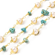 Handmade Natural Turquoise Chip Beaded Chains, Real 18K Gold Plated Brass Glass Link Chains, Soldered, with Spool, Cadmium Free & Lead Free, Bead link: 12.5x8x6mm, Gemstone Chip: 16~19x8.5~10x5~6.5mm(CHC-M024-22G-02)