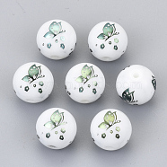 Electroplate Glass Beads, Round with Butterfly Pattern, Green Plated, 10mm, Hole: 1.2mm(EGLA-S178-12E)