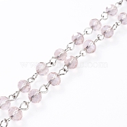 Handmade Electroplate Glass Beaded Chains, with Platinum Plated Iron Eye Pin, Unwelded, Pink, 39.37 inch(100cm), Beads: 6x4.5mm(AJEW-JB00528-06)