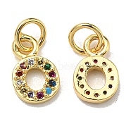 Brass Micro Pave Colorful Cubic Zirconia Charms, Golden, Letter.O, 8.5~9x1.8~9.5x2mm, Hole: 3mm(ZIRC-F092-01-O)