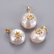 Natural Cultured Freshwater Pearl Pendants, with Brass Micro Pave Cubic Zirconia Findings, Nuggets with Sun, Long-Lasting Plated, Golden, Clear, 17~27x12~16x6~12mm, Hole: 4x2.5mm(KK-L187-05B)