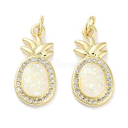 Brass Micro Pave Clear Cubic Zirconia Pendants, with Synthetic Opal and Jump Rings, Real 18K Gold Plated, Fruit Charms, Pineapple, 21x10x3mm, Hole: 3mm(KK-L213-042G-03)