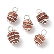 Natural Rudraksha Copper Wire Wrapped Pendants, Barrel Charms, Undyed, Silver, 15~17.5x11~12x10.5~11.5mm, Hole: 3mm(PALLOY-JF02068-02)