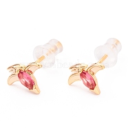 Cute Light Gold Plated Brass Stud Earrings, with Cubic Zirconia and Ear Nuts, Dinosaur, Red, 8x9mm, Pin: 0.7mm(EJEW-H106-02F)