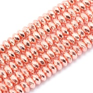 Electroplate Non-magnetic Synthetic Hematite Beads Strands, Grade AA, Long-Lasting Plated, Faceted, Rondelle, Rose Gold Plated, 6x3mm, Hole: 1mm, about 142pcs/strand, 15.7 inch(40cm)(G-L485-06D-RG)