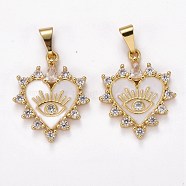 Brass Clear Cubic Zirconia Pendants, with Enamel, Long-Lasting Plated, Real 18K Gold Plated, Heart and Eye, White, 23x19x3mm, Hole: 2.5x6mm(ZIRC-J025-67G-06)