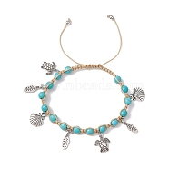 Feather & Turtle & Shell Shape Alloy Charm Bracelet, Synthetical Turquoise Braided Adjustable Bracelet, Dark Turquoise, Inner Diameter: 2-1/8~3-3/8 inch(5.5~8.55cm)(BJEW-TA00389-02)