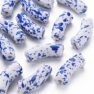 Opaque Spray Painted Acrylic Beads, Two Tone, Curved Tube, Blue, 36x13.5x11.5mm, Hole: 4mm, about 148pcs/500g(MACR-S372-001F-B05)