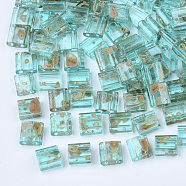 2-Hole Transparent Glass Seed Beads, Antique Style, Rectangle, Dark Turquoise, 5x4.5~5.5x2~2.5mm, Hole: 0.5~0.8mm(SEED-S023-30C-21)