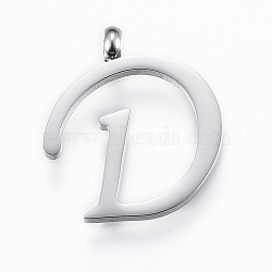 304 Stainless Steel Pendants, Initial Letter, Letter.D, Stainless Steel Color, 18x16x2mm, Hole: 2mm(STAS-F129-D-P)