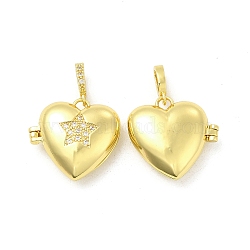 Brass Micro Pave Clear Cubic Zirconia Locket Pendants, Heart with Star Charms, Light Gold, 20x21x7.5mm, Hole: 5.5x3mm(KK-H441-45LG)