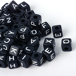Opaque Acrylic European Beads, Horizontal Hole, Large Hole Beads, Cube with Letter, Black, Random Mixed Letters, 10x10x10mm, Hole: 4mm, about 530pcs/500g(SACR-Q126-02)