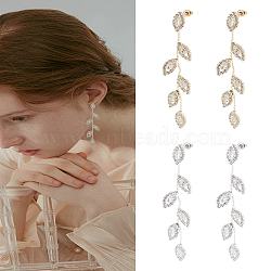2 Pairs 2 Colors Brass Stud Earrings, with Rhinestone, Leaf, Platinum & Light Gold, 87x16mm, 1 pair/color(EJEW-LP0001-84)