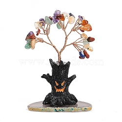 Halloween Theme Natural Mixed Gemstone Chips Tree of Life Decorations, Resin Stump with Agate Base with Copper Wire Feng Shui Energy Stone Gift for Home Office Desktop, 75~79x38~52x110mm(DJEW-B013-02A)