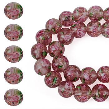 1 Strand Handmade Glod Sand Lampwork Beads Strands, Round with Flower, Pale Violet Red, 10mm, Hole: 1mm, about 40pcs/strand, 14.96''(38cm)
