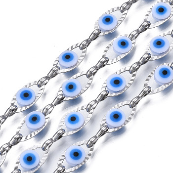 304 Stainless Steel Textured Oval Cable Chains, with Enamel Evil Eye Beads, with Spool, Unwelded, Stainless Steel Color, White, 11x5.5x3mm, 7.5x3x1mm, about 32.81 Feet(10m)/Roll