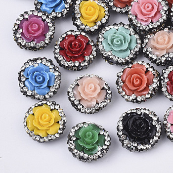 Polymer Clay Rhinestone Beads, with Resin Flower, Mixed Color, 15~17x8~9mm, Hole: 0.8mm