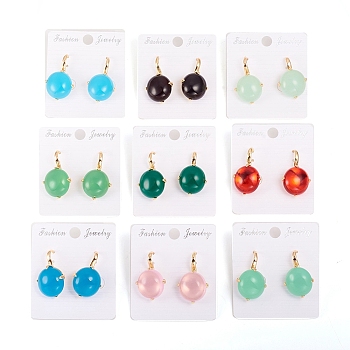 Glass Dangle Earrings, with Light Gold Plated Brass Earring Hooks, Flat Round, Mixed Color, 26~27x16x9.5mm, Pin: 1mm