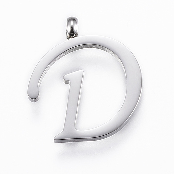 304 Stainless Steel Pendants, Initial Letter, Letter.D, Stainless Steel Color, 18x16x2mm, Hole: 2mm