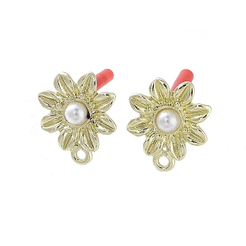 Rack Plating Golden Alloy with ABS Pearl Stud Earring Findings, with Loops and 304 Stainless Steel Pins, Cadmium Free & Nickel Free & Lead Free, Flower, 17x14.5mm, Hole: 1.6mm, Pin: 0.7x10.5mm