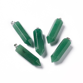Natural Green Aventurine Double Terminated Pointed Pendants, with Platinum Tone Brass Findings, Bullet, 39x10x10mm, Hole: 3x6mm