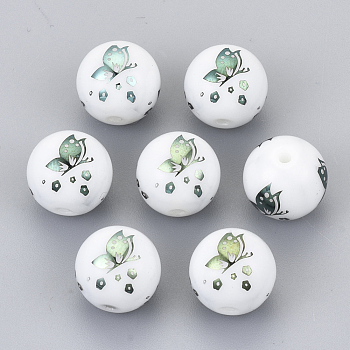 Electroplate Glass Beads, Round with Butterfly Pattern, Green Plated, 10mm, Hole: 1.2mm