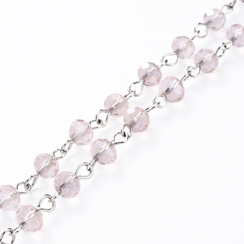 Handmade Electroplate Glass Beaded Chains, with Platinum Plated Iron Eye Pin, Unwelded, Pink, 39.37 inch(100cm), Beads: 6x4.5mm