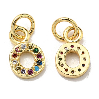 Brass Micro Pave Colorful Cubic Zirconia Charms, Golden, Letter.O, 8.5~9x1.8~9.5x2mm, Hole: 3mm