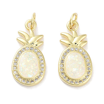 Brass Micro Pave Clear Cubic Zirconia Pendants, with Synthetic Opal and Jump Rings, Real 18K Gold Plated, Fruit Charms, Pineapple, 21x10x3mm, Hole: 3mm