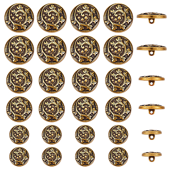 CHGCRAFT 30Pcs 3 Style Alloy Shank Buttons, 1-Hole, Flat Round with Leaf Pattern, Antique Golden, 15~23x3~4mm, Hole: 2mm,  10pcs/style