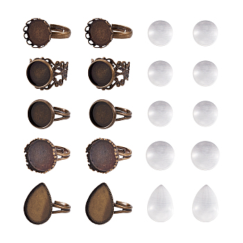 Finger Rings Making Kits, Including 40Pcs Adjustable Brass Finger Rings Component, 40Pcs Transparent Teardrop Glass Cabochons, Antique Bronze, Glass Cabochons: 40Pcs