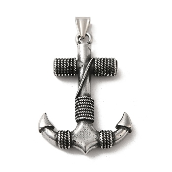 Viking 304 Stainless Steel Big Pendants, Anchor Charm, Antique Silver, 62.5x37.5x6.5mm, Hole: 9X5mm