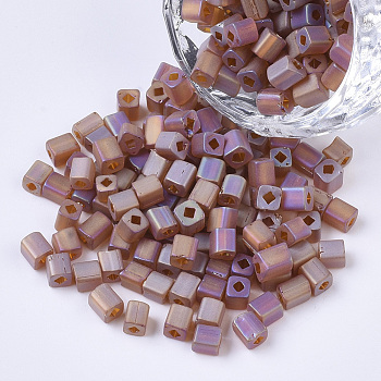 6/0 Transparent Glass Seed Beads, Frosted AB Colours, Square Hole, Cube, Rosy Brown, 6/0, 3~5x3~4x3~4mm, Hole: 1.2~1.4mm, about 4500pcs/bag