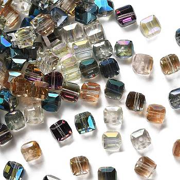 Electorplated Glass Beads, for Beading Jewelry Making, Rainbow Plated, Faceted, Cube, Mixed Color, 9x9x9mm, Hole: 1mm