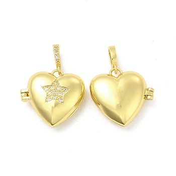 Brass Micro Pave Clear Cubic Zirconia Locket Pendants, Heart with Star Charms, Light Gold, 20x21x7.5mm, Hole: 5.5x3mm