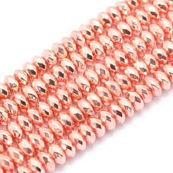 Electroplate Non-magnetic Synthetic Hematite Beads Strands, Grade AA, Long-Lasting Plated, Faceted, Rondelle, Rose Gold Plated, 6x3mm, Hole: 1mm, about 142pcs/strand, 15.7 inch(40cm)