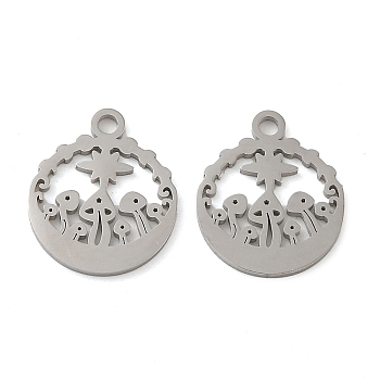 304 Stainless Steel Charms, Laser Cut, Flat Round with Mushroom Charm, Stainless Steel Color, 14x12x1mm, Hole: 1.6mm