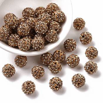 Pave Disco Ball Beads, Polymer Clay Rhinestone Beads, Round, Light Colorado Topaz, PP13(1.9~2mm), 6 Rows Rhinestone, 10mm, Hole: 1.5mm