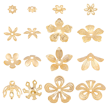 Elite 48Pcs 8 Style Brass Bead Cap, Long-Lasting Plated, Flower, Real 24K Gold Plated, 5~15.5x5~16x0.5~7.5mm, Hole: 1~1.5mm, 6pcs/style