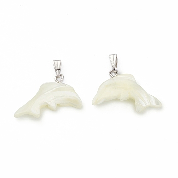 Natural Trochid Shell/Trochus Shell Pendants, Dolphin Charms, with Platinum Tone Iron Findings, Seashell Color, Fit for 1.2mm Rhinestone, 14~14.5x23~24x3mm, Hole: 6.5x2.5mm