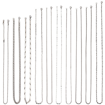10Pcs 10 Style 304 Stainless Steel Curb & Rope & Box & Wheat & Bar Link Chain Necklaces Set, Stainless Steel Color, 16.54~25.79 inch(4.2~65.5cm), 1Pc/style
